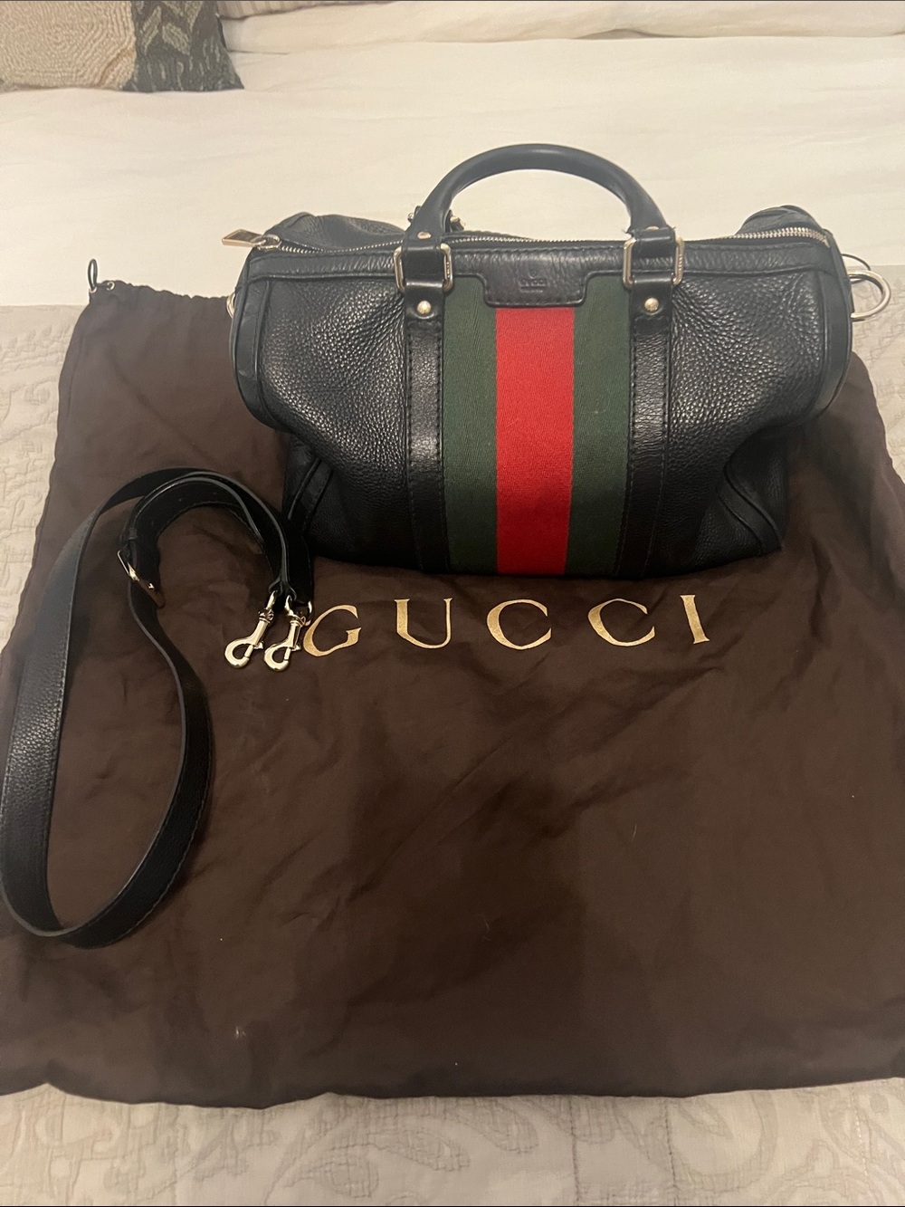 Gucci Black Leather Bowling Bag with Red & Green Web